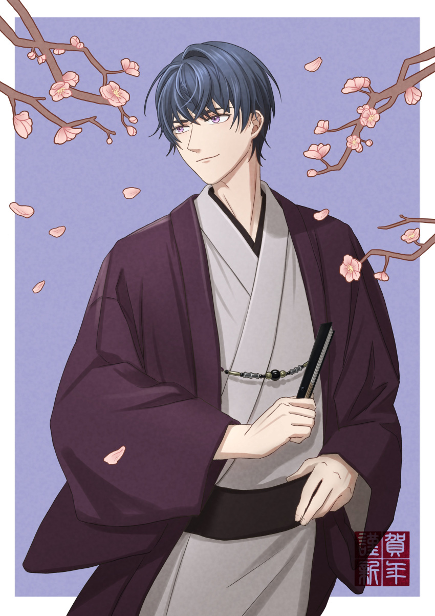 1boy absurdres bel_3001 black_hair blue_background branch commentary_request flower folded_fan folding_fan grey_kimono hair_between_eyes hand_fan highres holding holding_fan japanese_clothes kimono long_sleeves looking_to_the_side male_focus marius_von_hagen_(tears_of_themis) obi open_clothes petals pink_flower sash solo tears_of_themis two-tone_background violet_eyes white_background wide_sleeves