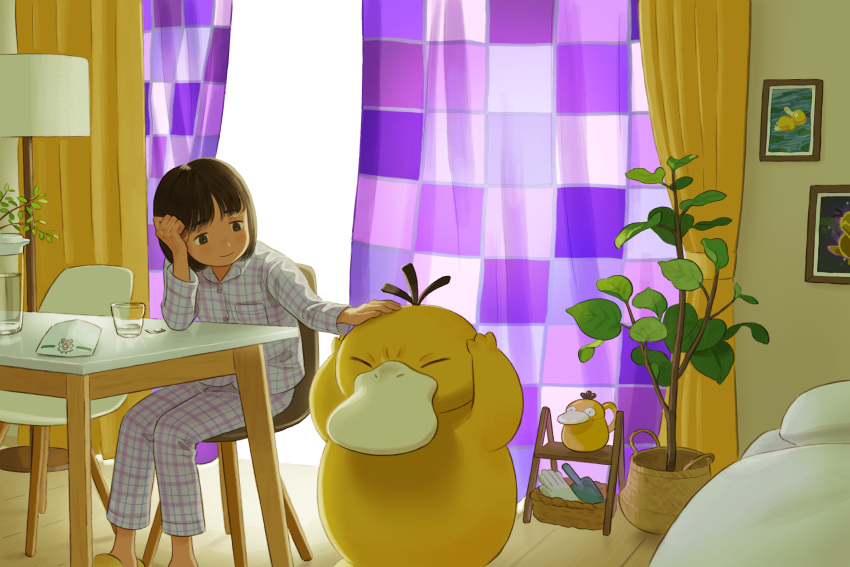 1girl bed breast_pocket brown_hair buttons chair closed_mouth commentary_request curtains floor_lamp glass headpat highres indoors leaf long_sleeves looking_down pajamas pants plaid plaid_pants plaid_shirt pocket pokemon pokemon_(creature) psyduck shirt sitting slippers smile sumika_inagaki table watering_can wooden_floor