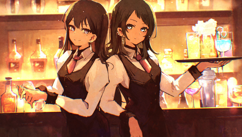 2girls absurdres bang_dream! bang_dream!_it's_mygo!!!!! bartender black_hair black_vest blush bottle closed_mouth commentary commission cup dated drinking_glass earclip earrings english_commentary highres holding holding_cup jewelry long_hair long_sleeves looking_at_viewer medium_hair mole mole_under_eye multiple_girls rnna shiina_taki shirt signature textless_version twitter_username vest violet_eyes white_eyes white_shirt yahata_umiri