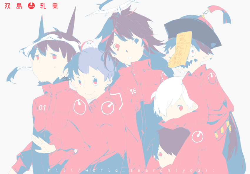 brown_hair character_request hat heterochromia horns jacket long_sleeves mili_(band) multicolored_hair ofuda open_mouth pointy_ears qc_(mili) qingdai_guanmao red_eyes red_jacket red_sousaku redhead simple_background smile streaked_hair torino_(mili) white_background