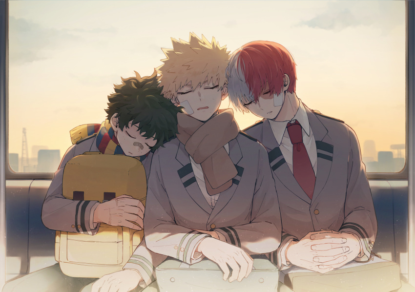 3boys backpack bag bag_on_lap bakugou_katsuki bandaid bandaid_on_face bandaid_on_nose blazer blonde_hair boku_no_hero_academia burn_scar bus_interior buttoned_cuffs buttons closed_eyes clouds collared_shirt curly_hair double_horizontal_stripe evening freckles fringe_trim gauze gradient_sky green_hair green_pants grey_jacket hair_between_eyes hands_up head_on_another's_shoulder head_tilt highres hugging_object interlocked_fingers jacket lapels leaning_on_person leaning_to_the_side light long_sleeves male_focus midoriya_izuku multicolored_clothes multicolored_hair multicolored_scarf multiple_boys necktie notched_lapels ochi_(lokun) open_mouth own_hands_together pants parted_hair parted_lips red_necktie redhead scar scar_on_face scar_on_hand scarf school_uniform scratches shirt short_hair side-by-side silhouette sitting sky sleeping sleeping_on_person sleeping_upright spiky_hair split-color_hair straight-on straight_hair striped_clothes striped_scarf sunlight todoroki_shouto u.a._school_uniform unworn_bag upper_body vertical-striped_clothes vertical-striped_scarf white_hair white_shirt window wing_collar yellow_bag