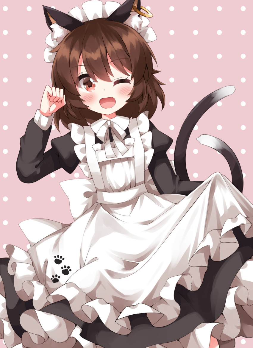 1girl ;d alternate_costume animal_ear_fluff animal_ear_piercing animal_ears apron arm_up black_dress blush brown_eyes brown_hair cat_ears cat_girl cat_tail chen commentary_request dress earrings enmaided frills hair_between_eyes hand_up happy highres jewelry juliet_sleeves long_sleeves maid maid_headdress medium_hair multiple_tails nekomata one_eye_closed open_mouth paw_pose petticoat pink_background polka_dot polka_dot_background puffy_sleeves ruu_(tksymkw) single_earring smile solo tail touhou two_tails white_apron