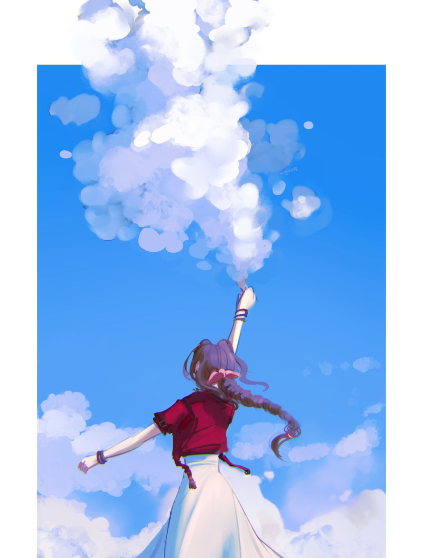 1girl aerith_gainsborough arm_up blue_sky border bow braid brown_hair clouds commentary final_fantasy final_fantasy_vii hair_bow highres jacket long_hair outside_border pink_bow red_jacket skirt sky solo standing white_border white_skirt ymr18