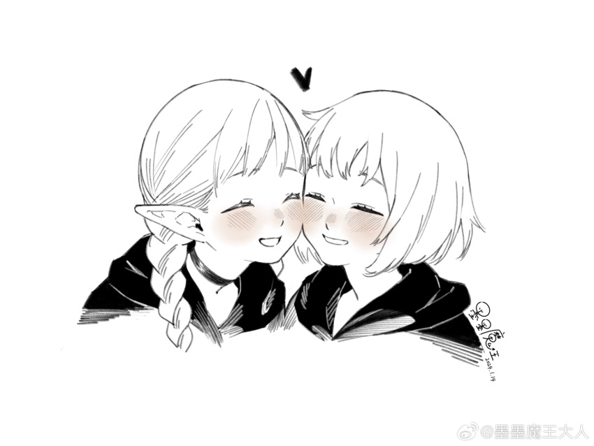 2girls ^_^ artist_request blush braid cheek-to-cheek closed_eyes couple cropped_shoulders dungeon_meshi elf eyelashes falin_thorden greyscale heads_together heart highres interracial long_hair marcille_donato monochrome multiple_girls pointy_ears short_hair smile spot_color yuri