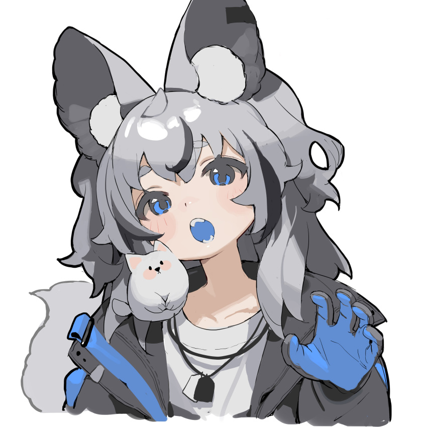 1girl absurdres animal_ear_fluff animal_ears animal_on_shoulder belt black_hair blue_belt blue_eyes blue_gloves blue_mouth claw_pose collarbone collared_jacket commentary cropped_torso dog dog_ears dog_tags dog_tail eyelashes fangs gloves grey_gloves grey_hair grey_jacket grey_sleeves head_tilt highres jacket light_blush long_hair long_sleeves looking_at_viewer loose_hair_strand multicolored_hair open_belt open_clothes open_jacket open_mouth original shirt shisantian simple_background solo streaked_hair symbol-only_commentary tail teeth two-tone_gloves white_background white_shirt