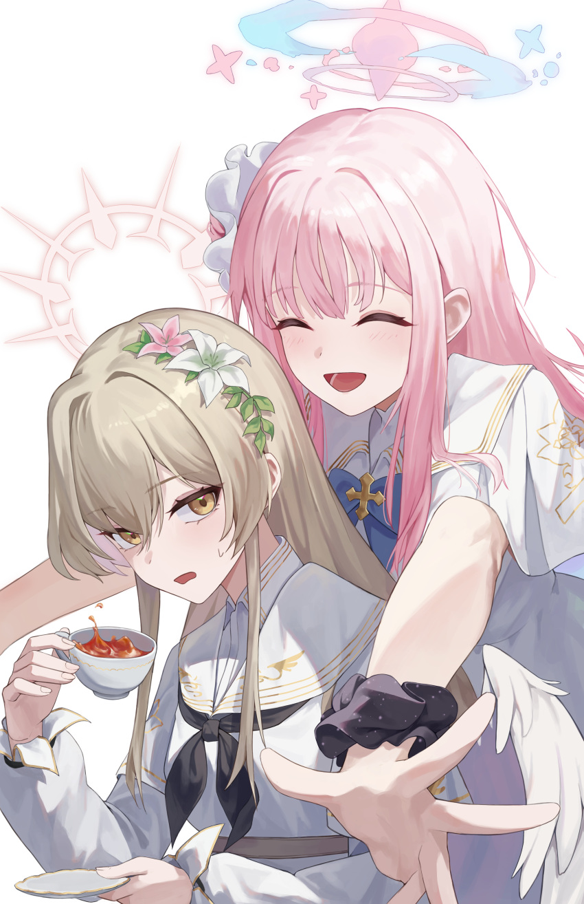 2girls :d ^_^ absurdres black_neckerchief blue_archive brown_hair closed_eyes cup flower hair_flower hair_ornament halo highres holding holding_cup jw_(wrdawrda) long_hair mika_(blue_archive) multiple_girls nagisa_(blue_archive) neckerchief open_mouth pink_hair pink_halo simple_background smile tea teacup white_background white_flower