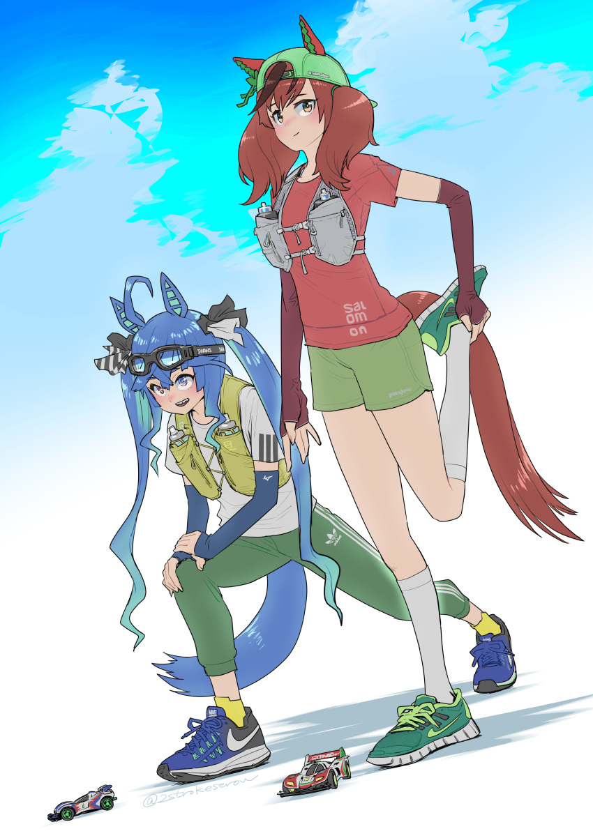2girls @_@ absurdres adidas ahoge animal_ears ankle_socks aqua_hair arm_warmers backwards_hat blue_eyes blue_footwear blue_hair blue_sky bop_(2strokeserow) bottle bow brown_eyes clouds cloudy_sky commentary_request crossed_bangs ear_covers ears_through_headwear full_body goggles goggles_on_head green_footwear green_pants green_shorts hair_bow hands_on_own_knee hat heterochromia highres horse_ears horse_girl horse_tail leg_up long_hair mini_4wd multicolored_hair multiple_girls nice_nature_(umamusume) nike_(company) pants red_shirt redhead sharp_teeth shirt shoes short_sleeves shorts sky sneakers socks streaked_hair stretching striped_bow tail teeth toy_car twin_turbo_(umamusume) twintails twitter_username two-tone_hair umamusume very_long_hair vest violet_eyes water_bottle white_shirt