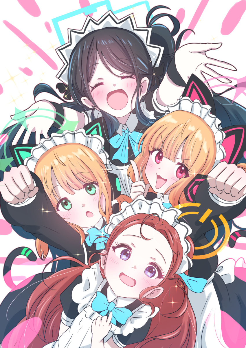 4girls absurdly_long_hair absurdres animal_ear_headphones animal_ears apron aris_(blue_archive) aris_(maid)_(blue_archive) black_dress black_hair blonde_hair blue_archive blue_halo blush cat_tail closed_eyes commentary_request dress facing_viewer fake_animal_ears game_development_department_(blue_archive) giorgio_(yo_sumire_sola1) green_eyes green_halo halo headphones highres long_hair looking_at_viewer maid maid_apron maid_headdress midori_(blue_archive) midori_(maid)_(blue_archive) momoi_(blue_archive) momoi_(maid)_(blue_archive) multiple_girls official_alternate_costume open_mouth orange_halo pink_halo puffy_short_sleeves puffy_sleeves red_eyes redhead short_hair short_sleeves siblings side_ponytail sisters smile tail twins very_long_hair violet_eyes white_apron yuzu_(blue_archive) yuzu_(maid)_(blue_archive)
