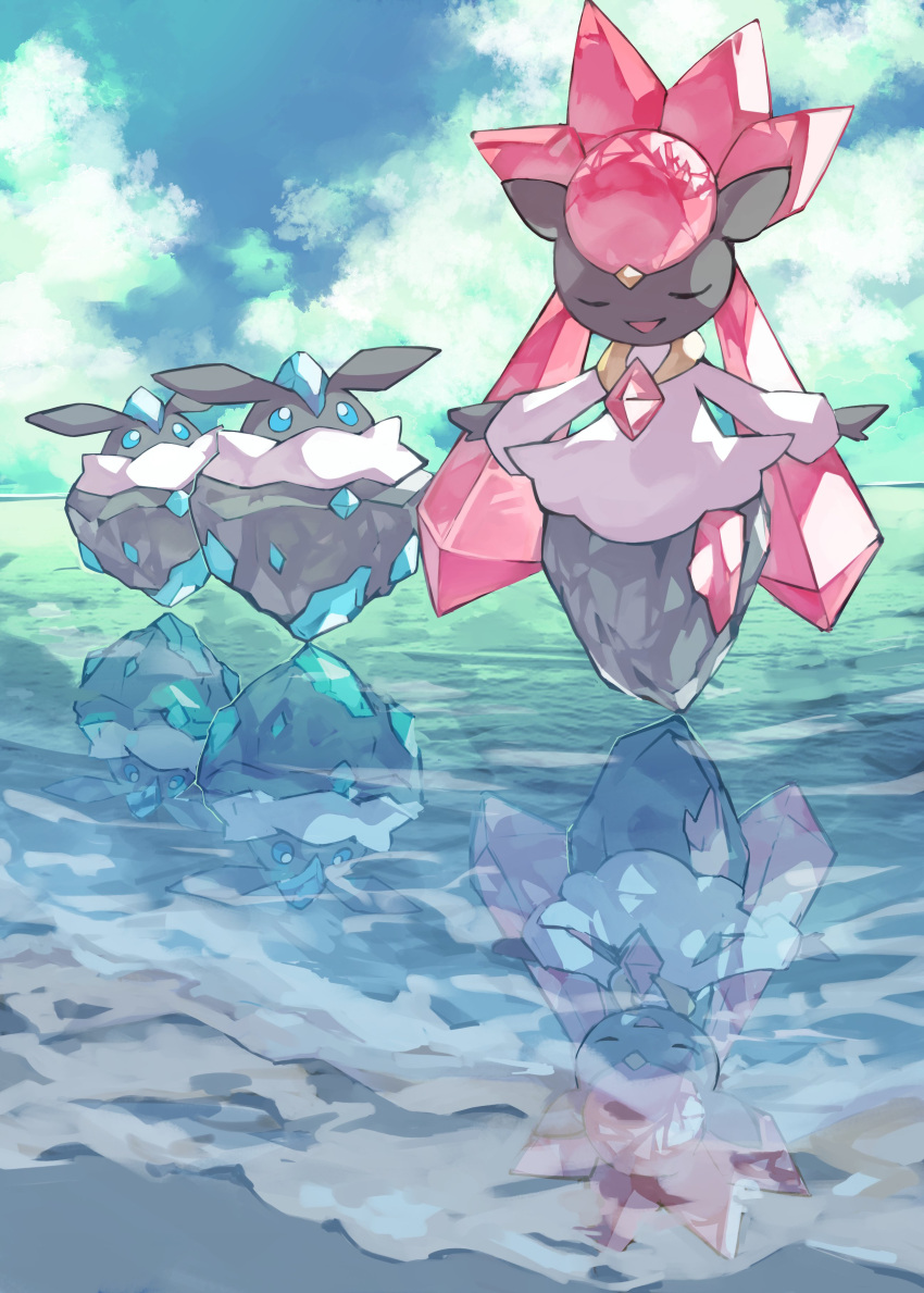 absurdres beach blue_sky carbink closed_eyes clouds colored_skin diamond_(gemstone) diancie gara_(qbeuxvii22) grey_skin highres horizon no_humans open_mouth outdoors outstretched_arms pokemon pokemon_(creature) reflection sky smile water