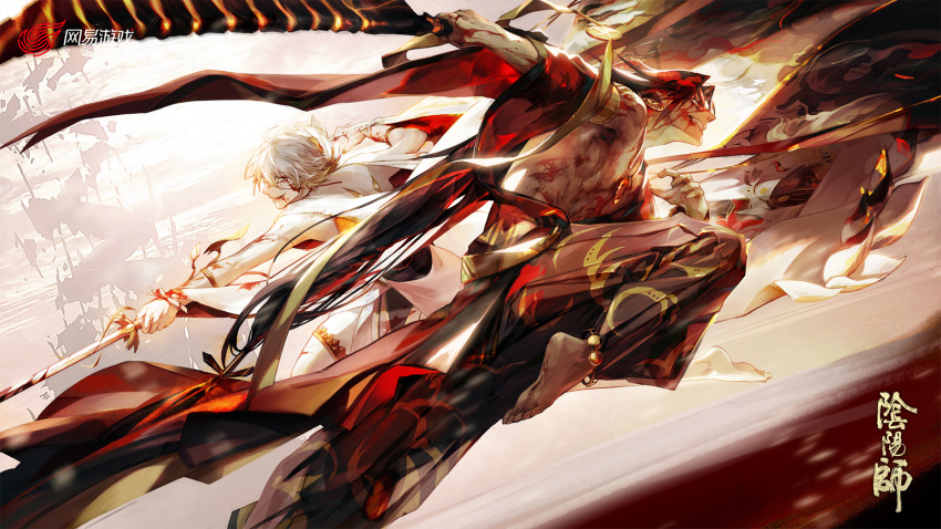 2boys anklet arms_up asura_(onmyoji) barefoot battle black_hair black_pants blood blood_from_mouth blood_on_arm blood_on_face blood_on_hands blood_on_leg buddhism chinese_clothes chinese_text copyright_name crazy_smile dress earrings fighting_stance from_side full_body haban_(haban35) hair_between_eyes highres holding holding_sword holding_weapon jacket jewelry long_hair male_focus multicolored_hair multiple_boys o-ring o-ring_arm_strap o-ring_thigh_strap onmyoji open_clothes open_jacket pale_skin pants red_eyes red_jacket running shoulder_tattoo sleeveless smile streaked_hair sword taishakuten_(onmyoji) tan tattoo thigh_strap weapon white_dress white_hair yellow_eyes