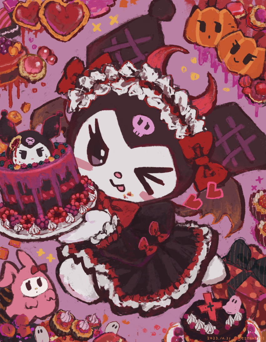 2girls ;p absurdres animal_ears artist_name bat_wings black_dress black_eyes blush_stickers bow cake closed_mouth commentary_request cookie creature dated demon_horns dessert dress dress_bow food full_body gestart333 ghost gift gothic_lolita heart highres holding holding_plate horns kuromi lolita_fashion looking_at_viewer maid_headdress multicolored_eyes multiple_girls my_melody one_eye_closed onegai_my_melody plate purple_background rabbit_ears red_bow sanrio skull_print smile sweets tongue tongue_out twitter_username violet_eyes wings