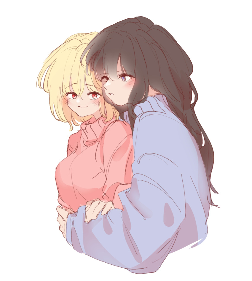 2girls black_hair blonde_hair blush closed_mouth commentary english_commentary hand_on_another's_arm highres hug hug_from_behind inoue_takina long_hair long_sleeves lycoris_recoil medium_hair multiple_girls nishikigi_chisato parted_lips pink_sweater purple_sweater red_eyes selayiss simple_background smile sweater upper_body violet_eyes white_background yuri