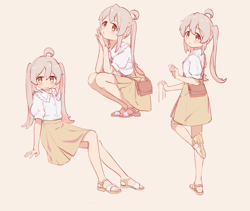 1girl ahoge bag bare_legs chinese_commentary commentary_request frilled_shirt_collar frills full_body grey_hair hair_between_eyes highres light_blush long_hair multicolored_hair multiple_views no_socks onii-chan_wa_oshimai! oyama_mahiro pink_hair puffy_short_sleeves puffy_sleeves sandals shirt short_sleeves shoulder_bag simple_background sitting skirt smile squatting standing standing_on_one_leg twintails two-tone_hair white_shirt yellow_eyes yellow_skirt ziyan_yi