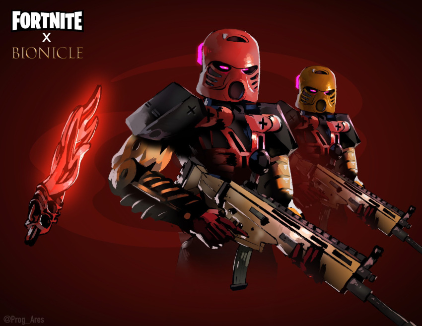 assault_rifle bionicle copyright_name crossover flaming_sword flaming_weapon fortnite gun highres holding holding_gun holding_weapon humanoid_robot kanohi_(bionicle) logo looking_down mask prog_ares red_background rifle robot solo_focus tahu_(bionicle) the_lego_group trigger_discipline twitter_username variations violet_eyes weapon