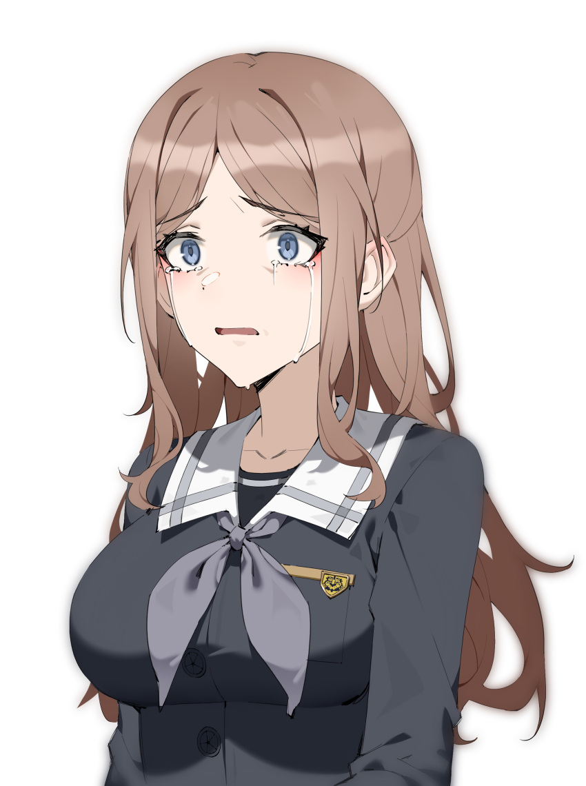 1girl absurdres bang_dream! bang_dream!_it's_mygo!!!!! black_shirt blue_eyes breasts brown_hair chinese_commentary commentary_request crying crying_with_eyes_open grey_neckerchief highres large_breasts long_hair long_sleeves nagasaki_soyo neckerchief parted_lips sailor_collar school_uniform shirt solo tears tsukinomori_school_uniform upper_body white_sailor_collar wsfw
