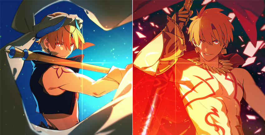 2boys absurdres arabian_clothes blonde_hair chietori cropped_vest ea_(fate/stay_night) earrings fate/grand_order fate_(series) gauntlets gilgamesh_(caster)_(fate) gilgamesh_(fate) hair_between_eyes hat highres holding jewelry long_hair looking_at_viewer male_focus multiple_boys necklace open_mouth red_eyes short_hair single_gauntlet smile tattoo turban vest weapon