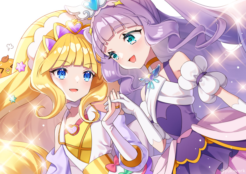&gt;_&lt; 2girls aqua_sailor_collar blonde_hair blue_eyes blunt_bangs bridal_gauntlets brooch clothing_cutout cure_finale cure_majesty delicious_party_precure dress dutch_angle elbow_gloves gloves head_tilt heart heart_brooch hirogaru_sky!_precure holding_hands in-franchise_crossover jewelry long_hair looking_at_another magical_girl multicolored_clothes multicolored_dress multiple_girls open_mouth precure puff_of_air purple_dress purple_hair sailor_collar shoulder_cutout side-by-side smile sparkle tiara twitter_username two_side_up white_gloves wide_ponytail wing_brooch wing_hair_ornament yukinko_(yukiwork) yuunagi_tsubasa yuunagi_tsubasa_(bird)