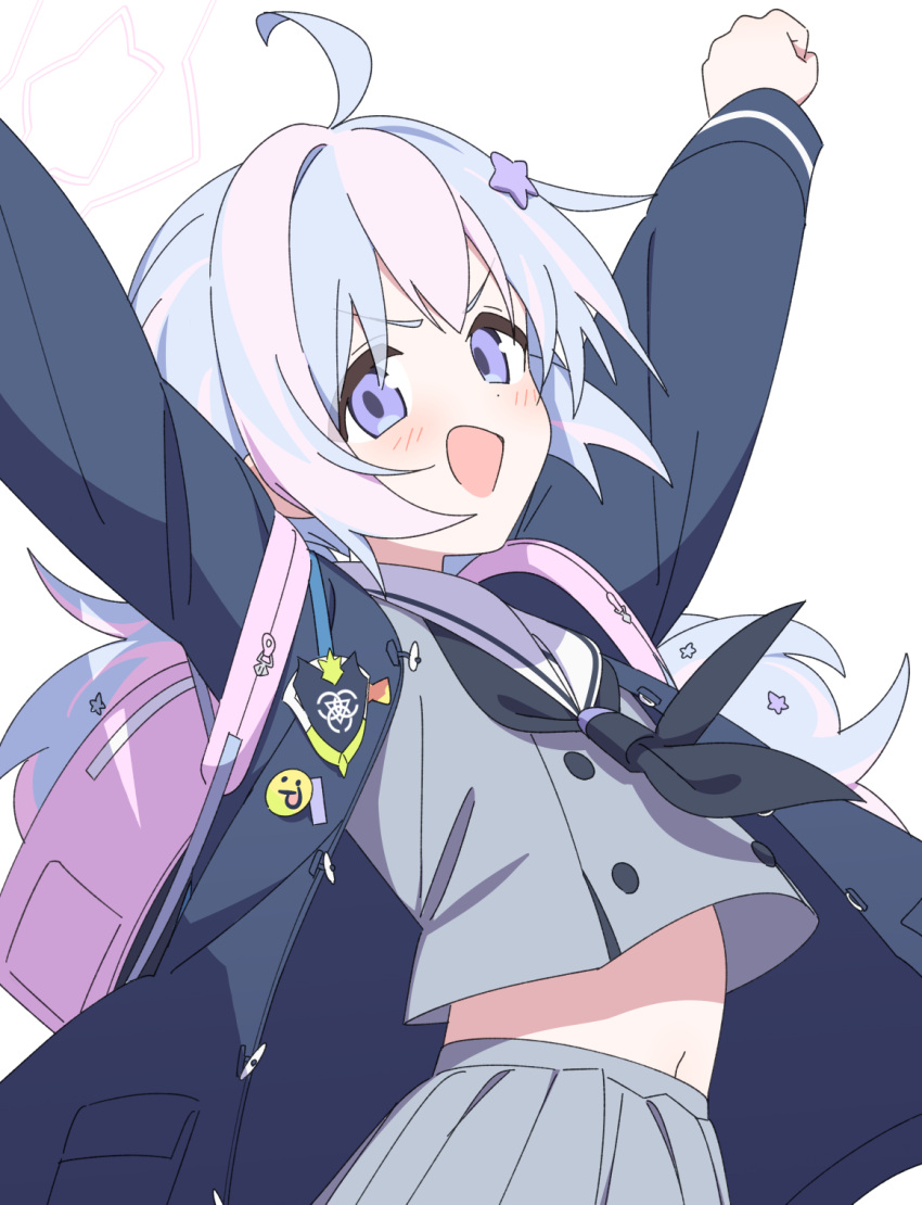 1girl ahoge arms_up backpack bag black_jacket black_neckerchief blue_archive blush grey_serafuku grey_skirt hair_ornament halo highres jacket long_hair looking_at_viewer multicolored_hair neckerchief open_clothes open_jacket open_mouth pink_hair pink_halo pleated_skirt purple_hair reisa_(blue_archive) sailor_collar school_uniform serafuku simple_background skirt smile solo star_(symbol) star_hair_ornament supershiruco twintails violet_eyes white_background white_sailor_collar