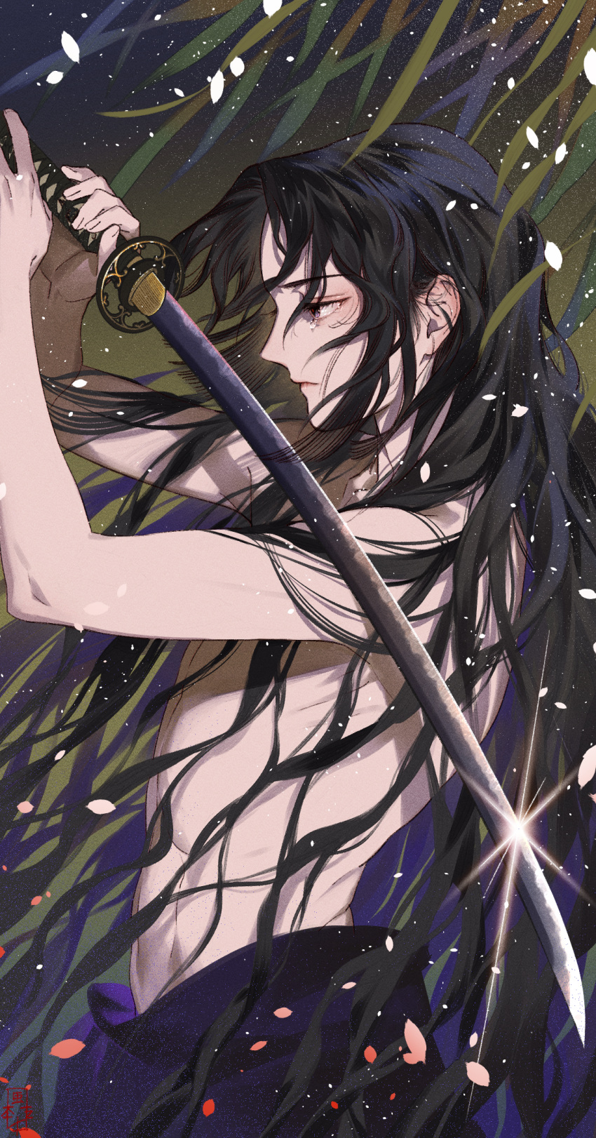 1boy abs arms_up bare_back bare_shoulders black_eyes black_hair closed_mouth falling_petals from_side frown highres holding holding_sword holding_weapon japanese_clothes katana kazari_tayu kimono leaf long_hair looking_down male_focus original parted_bangs pectorals petals purple_kimono solo sword teardrop top_pull upper_body wavy_hair weapon