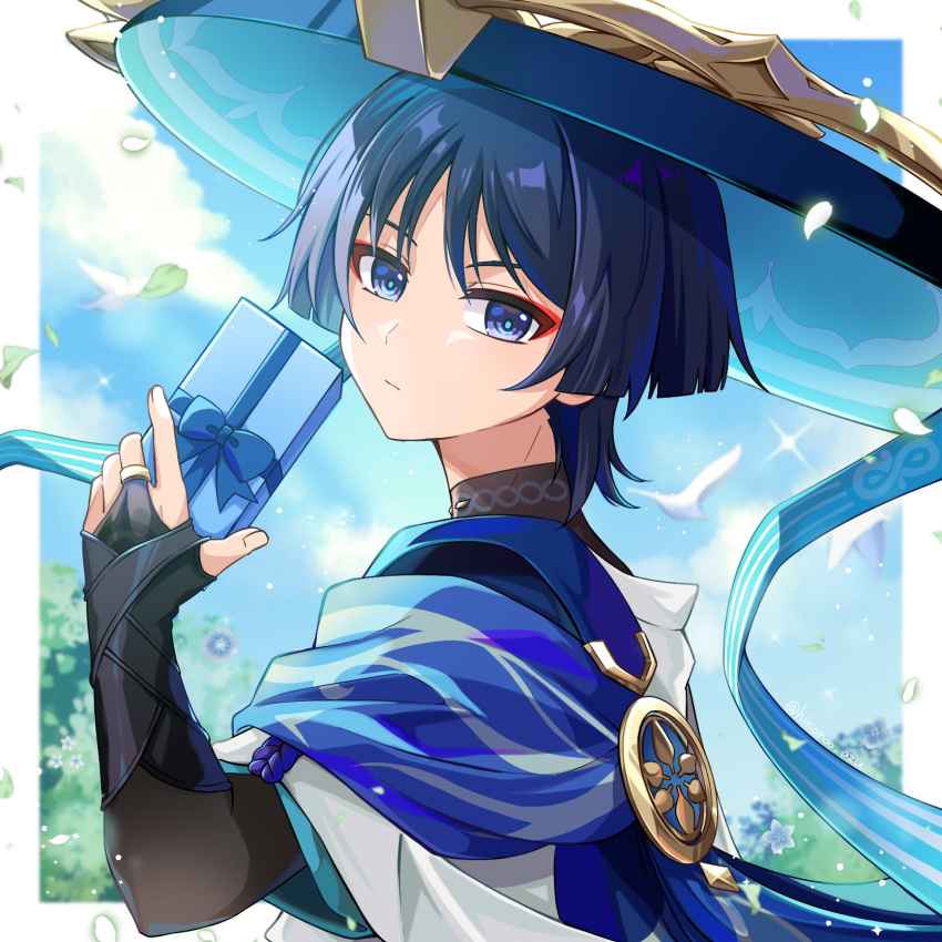 168_azusa 1boy artist_name bird black_hair black_shirt blue_cape blue_eyes blue_headwear blue_ribbon blue_sky blunt_ends blurry blurry_background border box bridal_gauntlets cape choppy_bangs closed_mouth clouds commentary_request day expressionless eyeshadow falling_leaves falling_petals flower genshin_impact gift gift_box glowing glowing_petals hair_between_eyes hand_up hat hat_ribbon highres holding holding_gift jacket jingasa leaf light_particles looking_at_viewer looking_to_the_side makeup male_focus multicolored_hair outdoors outside_border petals purple_hair red_eyeshadow ribbon scaramouche_(genshin_impact) shirt short_hair short_sleeves sky solo sparkle streaked_hair tree twitter_username upper_body wanderer_(genshin_impact) white_border white_jacket