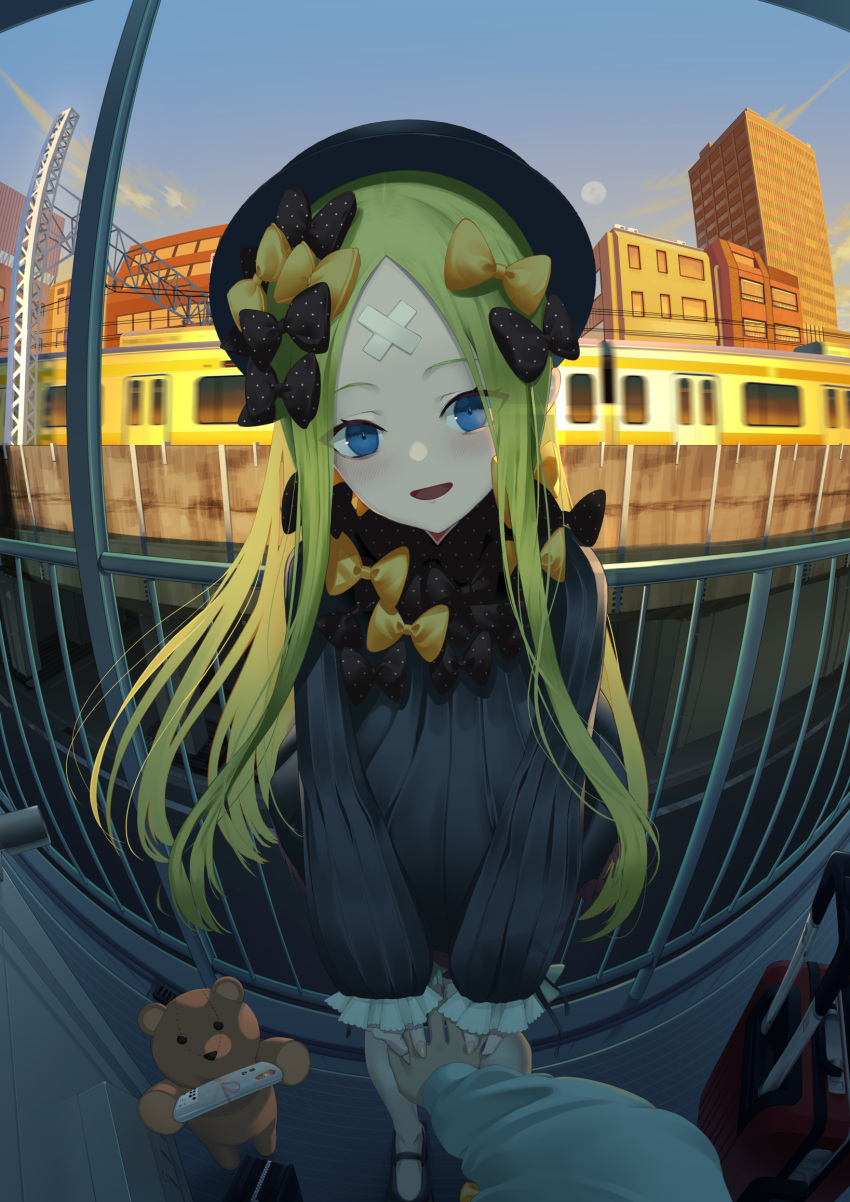1girl abigail_williams_(fate) black_bow black_dress blonde_hair bloomers blue_eyes blush bow breasts crossed_bandaids dress fate/grand_order fate_(series) fisheye forehead hair_bow hat highres long_hair long_sleeves looking_at_viewer motion_blur multiple_hair_bows open_mouth orange_bow outdoors parted_bangs pov pov_hands ribbed_dress rolling_suitcase shiro_ami sleeves_past_fingers sleeves_past_wrists small_breasts smile solo_focus standing stuffed_animal stuffed_toy suitcase teddy_bear underwear white_bloomers