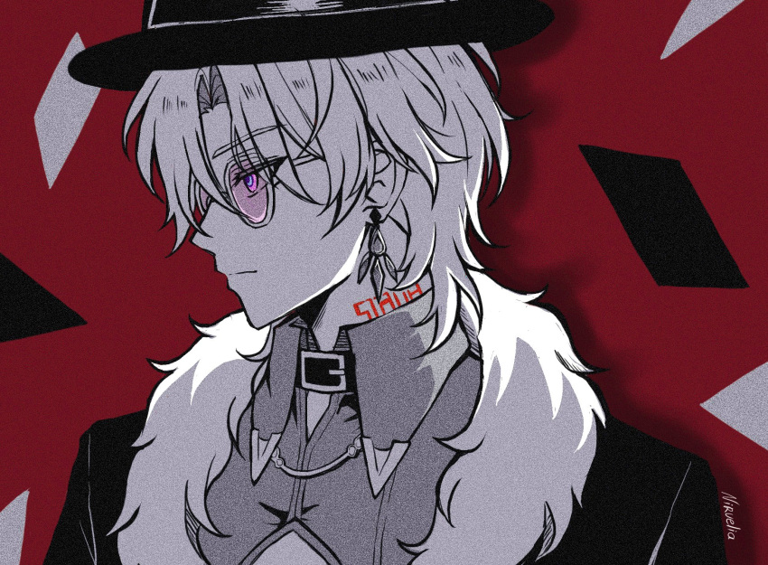 1boy artist_name aventurine_(honkai:_star_rail) card cleavage_cutout closed_mouth clothing_cutout collar collared_shirt commentary earrings english_commentary expressionless fedora floating_card fur-trimmed_jacket fur_trim glasses greyscale greyscale_with_colored_background hair_between_eyes hat highres honkai:_star_rail honkai_(series) jacket jewelry looking_to_the_side male_focus monochrome neck_tattoo nirvelia open_clothes open_jacket parted_bangs purple-tinted_eyewear red_background shirt short_hair simple_background single_earring solo spot_color tattoo tinted_eyewear upper_body violet_eyes wing_collar