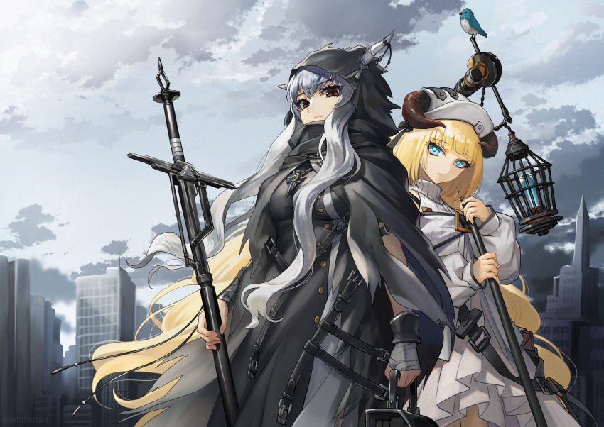 2girls arknights black_cloak blonde_hair cityscape cloak clouds cloudy_sky demon_horns grey_sky highres holding holding_staff holding_sword holding_weapon hood hooded_cloak horns horns_through_headwear horns_through_hood long_hair long_sword multiple_girls nightingale_(arknights) pointy_ears rigai_mayu shining_(arknights) sky staff sword torn_cloak torn_clothes very_long_hair weapon white_hair