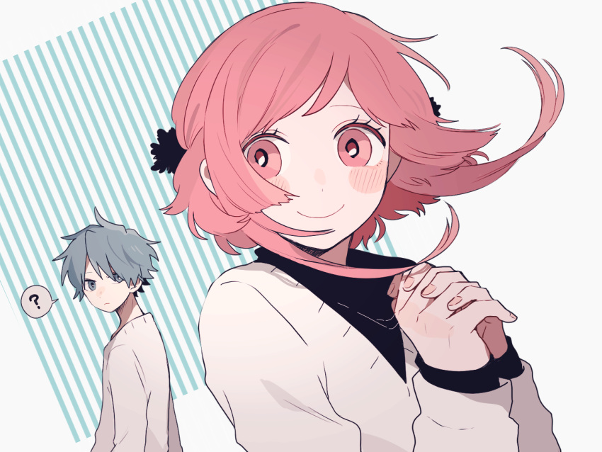 1boy 1girl ? blush cardigan grey_eyes grey_hair long_sleeves looking_back maco22 original own_hands_clasped own_hands_together pink_eyes pink_hair short_hair short_hair_with_long_locks smile spoken_question_mark sweater