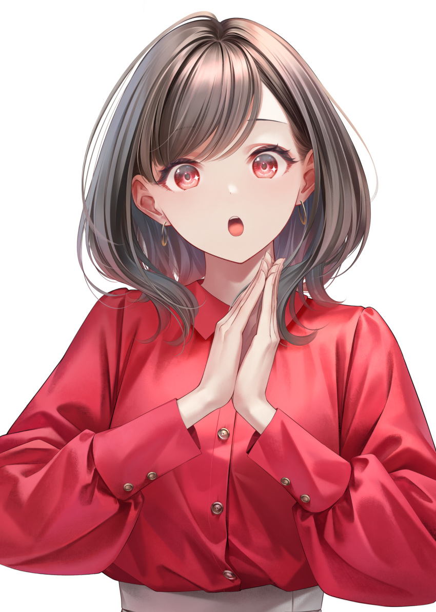 1girl brown_hair collared_shirt commentary_request earrings highres hoop_earrings jewelry looking_at_viewer medium_hair open_mouth original own_hands_together palms_together red_background red_eyes red_shirt shirt shirt_tucked_in simple_background solo sousou_(sousouworks) teeth upper_body upper_teeth_only white_background