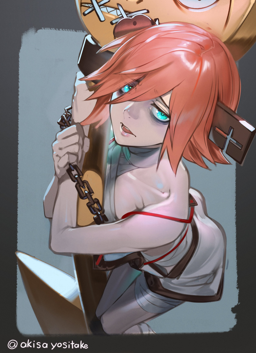 1girl a.b.a absurdres akisa_yositake bags_under_eyes bandaged_chest bandages bare_shoulders chain fingerless_gloves gloves green_eyes guilty_gear guilty_gear_xx hair_over_one_eye highres key key_in_head looking_at_viewer object_through_head paracelsus redhead short_hair stitched_mouth stitches