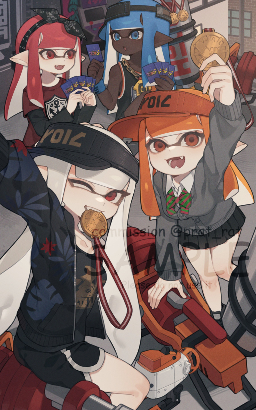 4girls :d absurdres autobomb_(splatoon) bare_shoulders black_bow black_hairband black_hat black_jacket black_shirt black_shorts black_skirt blue_eyes blue_hair blunt_bangs bow bow_hairband bowtie breasts card card_game cardigan chain_necklace collared_shirt commission dark-skinned_female dark_skin dolphin_shorts fangs film_grain grey_cardigan hair_bow hairband hat highres holding holding_card hydra_splatling_(splatoon) inkling inkling_girl inkling_player_character jacket jersey jewelry layered_shirt long_hair looking_at_another looking_at_object looking_at_viewer medallion miniskirt mouth_hold multiple_girls necklace one_eye_closed open_clothes open_jacket open_mouth orange_hair orange_hat playing_card pleated_skirt pointy_ears prat_rat print_jacket print_shirt reaching reaching_towards_viewer red_eyes red_shirt redhead school_uniform selfie shirt shorts sideways_hat sitting skirt smile splatoon_(series) splatoon_3 striped_bow striped_bowtie striped_clothes table_turf taking_picture very_long_hair visor_cap watermark wave_breaker_(splatoon) white_hair white_shirt white_trim