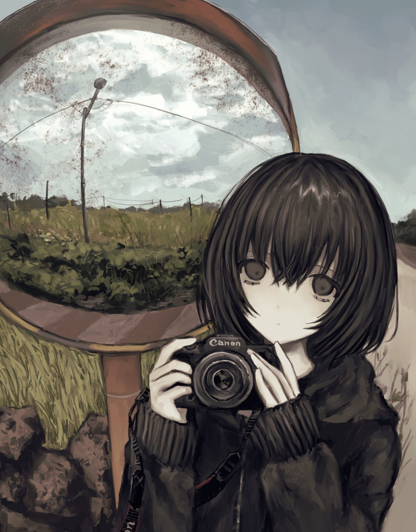 1girl :| black_eyes black_hair black_jacket camera canon_(company) chan8016 closed_mouth clouds cloudy_sky colored_skin day digital_camera expressionless field grass hair_between_eyes highres holding holding_camera hood hood_down hooded_jacket jacket lamppost long_sleeves looking_at_viewer medium_hair original outdoors power_lines reflection road sidelocks sky sleeve_cuffs sleeves_past_wrists solo traffic_mirror upper_body white_skin