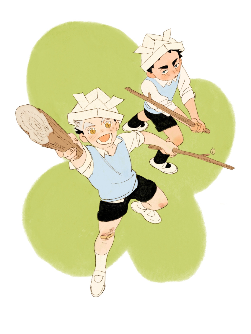 2boys aged_down akaashi_keiji ankle_socks arm_up black_hair black_shorts black_socks blue_sweater_vest bokuto_koutarou chengongzi123 collared_shirt drooling from_above full_body green_background grey_hair haikyuu!! hand_up hands_up highres holding holding_stick looking_at_viewer male_focus mouth_drool multicolored_hair multiple_boys open_mouth paper_hat shirt shoes short_hair shorts simple_background socks standing stick streaked_hair sweater_vest thick_eyebrows very_short_hair white_footwear white_shirt white_socks yellow_eyes