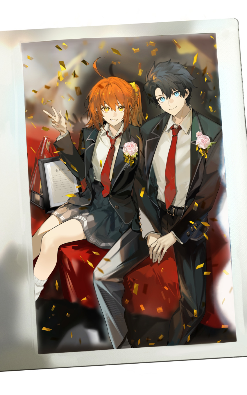 1boy 1girl ahoge arlizi belt belt_buckle black_belt black_hair black_jacket black_pants black_skirt blue_eyes boutonniere buckle closed_mouth commentary confetti diploma fate/grand_order fate_(series) feet_out_of_frame flower fujimaru_ritsuka_(female) fujimaru_ritsuka_(male) grin hair_between_eyes hair_ornament hair_scrunchie hand_up highres jacket long_sleeves looking_at_viewer necktie official_alternate_costume open_clothes open_jacket open_mouth orange_hair own_hands_together pants photo_(object) pink_flower pink_rose pleated_skirt red_necktie rose school_uniform scrunchie shirt short_hair side-by-side side_ponytail sitting skirt smile socks v white_shirt white_socks yellow_eyes yellow_scrunchie