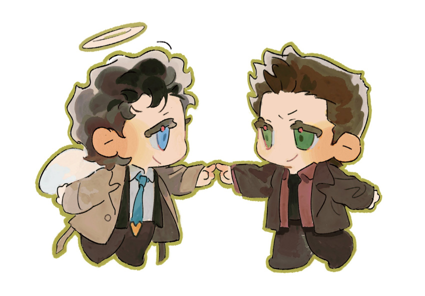 2boys angel angel_wings beard_stubble black_hair blue_eyes castiel chibi chibi_only coat dean_winchester facial_hair finger_touching floating full_body green_eyes halo highres looking_at_another male_focus mature_male multiple_boys short_hair simple_background smile stubble supernatural_(tv_series) trench_coat white_background wings yanyibiour