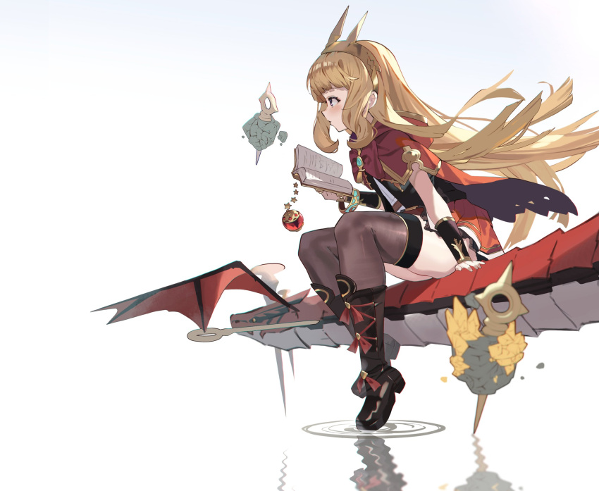 1girl blonde_hair book bracer cagliostro_(granblue_fantasy) cape crown dragon granblue_fantasy hairband highres long_hair open_book sitting solo spiked_hairband spikes thigh-highs tiara violet_eyes wuzhu_nis