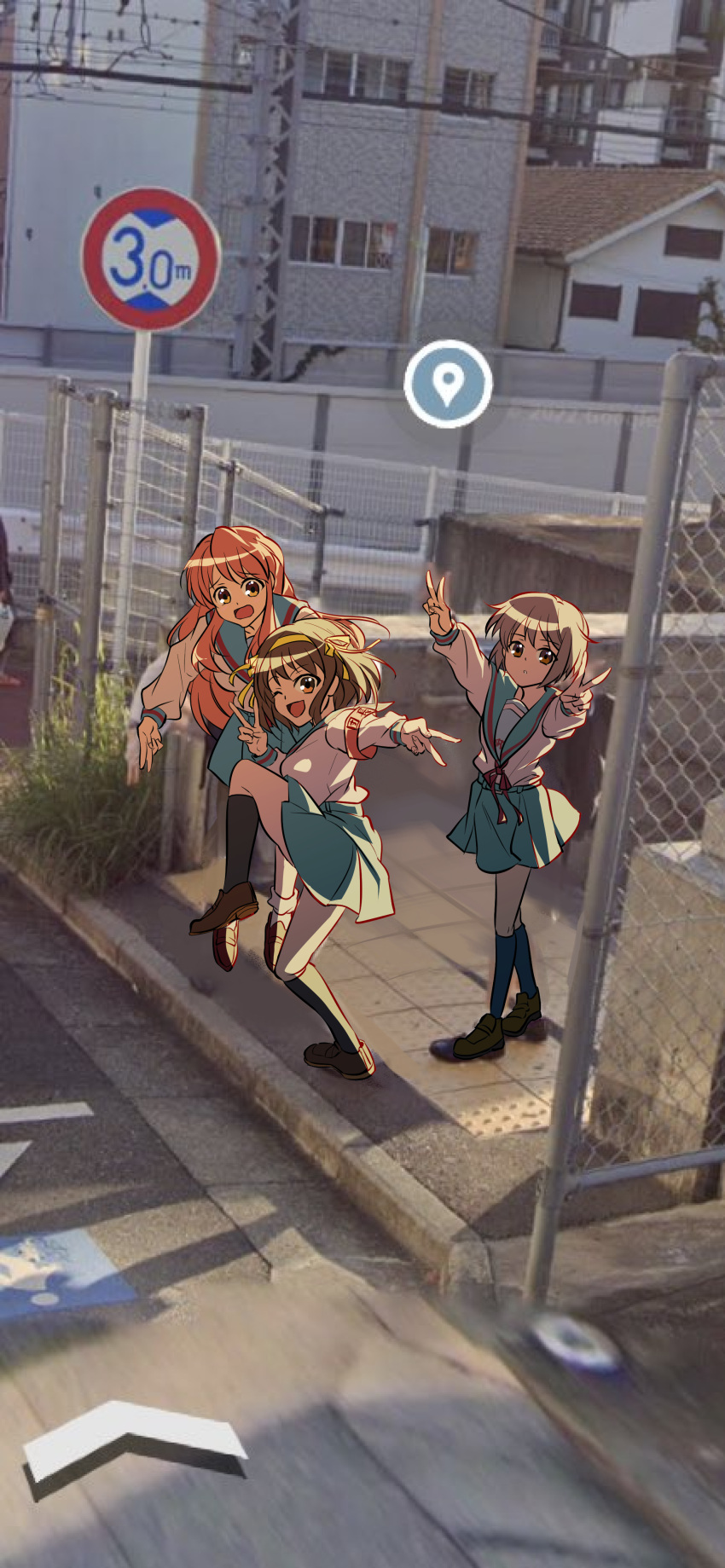 3girls ;d absurdres armband asahina_mikuru black_socks blue_sailor_collar blue_skirt breasts brown_eyes brown_footwear brown_hair building chain-link_fence commentary_request double_v fence fujiya_apota hair_ribbon hairband high_school_girls_posing_for_google_street_view_(meme) highres kita_high_school_uniform kneehighs loafers long_hair long_sleeves looking_at_viewer medium_hair meme multiple_girls nagato_yuki one_eye_closed open_mouth orange_hair outdoors photo_background pleated_skirt purple_hair red_armband red_ribbon ribbon road road_sign sailor_collar school_uniform serafuku shoes short_hair sidewalk sign skirt smile socks standing standing_on_one_leg suzumiya_haruhi suzumiya_haruhi_no_yuuutsu tongue v white_socks winter_uniform yellow_hairband yellow_ribbon