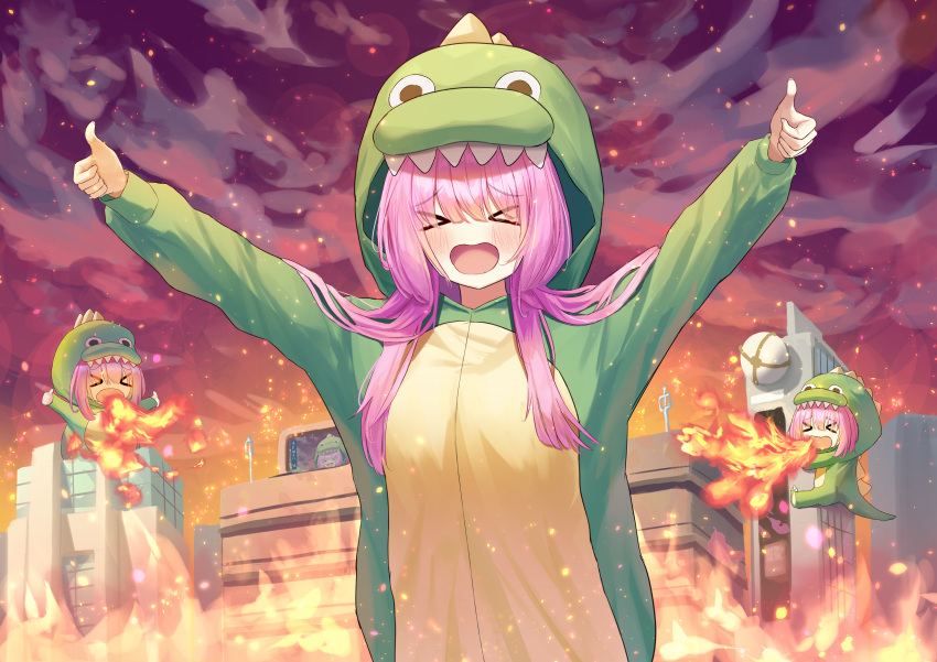 &gt;_&lt; 1girl 3girls absurdres blush bocchi_the_rock! breath_weapon breathing_fire burning chibi city commentary_request dinosaur_costume dinosaur_hood double_thumbs_up fire gotoh_hitori highres hood hood_up multiple_girls multiple_persona onesie open_mouth outdoors pink_hair solar_torch thumbs_up upper_body