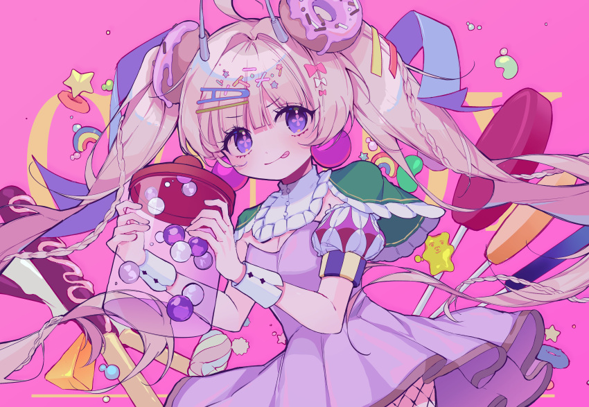 1girl :p absurdres ahoge blonde_hair candy cowboy_shot dress earrings fishnet_pantyhose fishnets food hair_ornament hairclip highres jewelry lollipop long_hair modohwa original pantyhose pink_background purple_dress symbol-shaped_pupils tongue tongue_out twintails violet_eyes wrist_cuffs