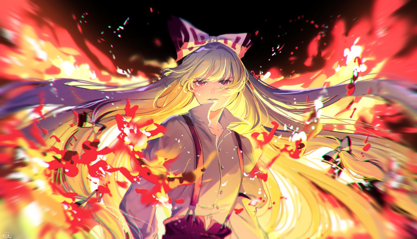 1girl bow buttons collared_shirt fire fujiwara_no_mokou hair_bow highres long_hair long_sleeves looking_at_viewer mokoiscat open_mouth pants red_eyes red_pants shirt solo touhou upper_body white_bow white_hair white_shirt