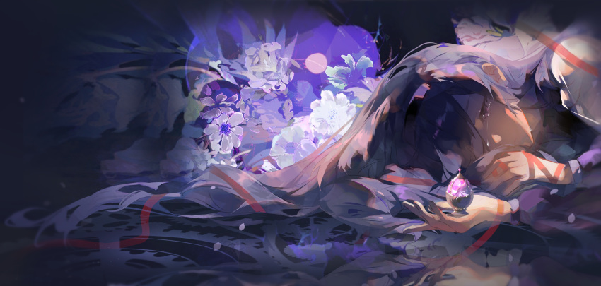 1girl abstract_background absurdres akemi_homura black_hair black_hairband commentary crying crying_with_eyes_open flower gears hair_spread_out hairband highres kurage_(nai_chuanqi) long_hair lying mahou_shoujo_madoka_magica mahou_shoujo_madoka_magica_(anime) on_side portrait red_ribbon reflection ribbon solo soul_gem symbol-only_commentary tears violet_eyes white_flower