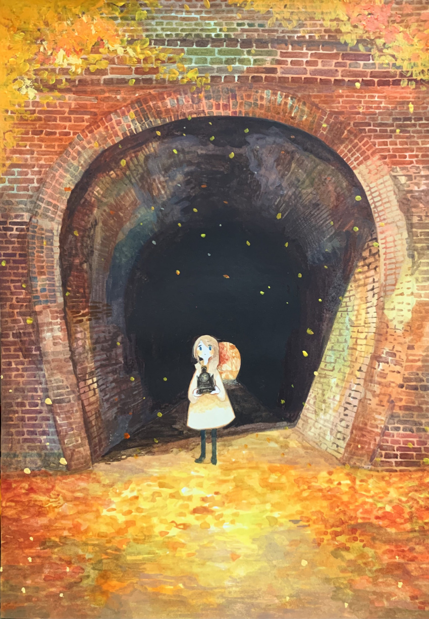 1girl absurdres arch autumn autumn_leaves black_pantyhose blonde_hair blue_eyes braid brick_wall camera dress highres holding leaf long_hair looking_at_viewer non_na original pantyhose solo standing tunnel white_dress white_hair