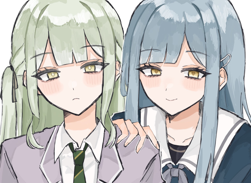2girls bang_dream! bang_dream!_it's_mygo!!!!! blue_hair blue_shirt blush closed_mouth collared_shirt commentary_request cosplay costume_switch green_hair green_necktie grey_jacket hair_ornament hairclip hand_on_another's_shoulder haneoka_school_uniform highres jacket looking_at_viewer multiple_girls necktie sailor_collar school_uniform shirt simple_background smile togawa_sakiko tsukinomori_school_uniform twintails upper_body wakaba_mutsumi white_background white_sailor_collar white_shirt yellow_eyes yuruha_(yuruha_cat)
