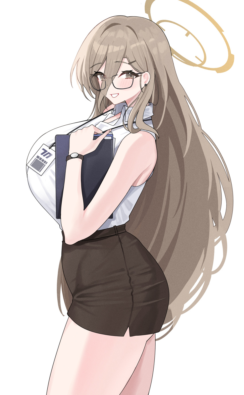 1girl absurdres akane_(blue_archive) black-framed_eyewear blue_archive breasts brown_eyes brown_halo collared_shirt funaya_(a2brasd) glasses hair_between_eyes halo high-waist_skirt highres id_card large_breasts light_brown_hair long_hair looking_at_viewer miniskirt office_lady pencil_skirt shirt simple_background skirt sleeveless sleeveless_shirt solo white_shirt
