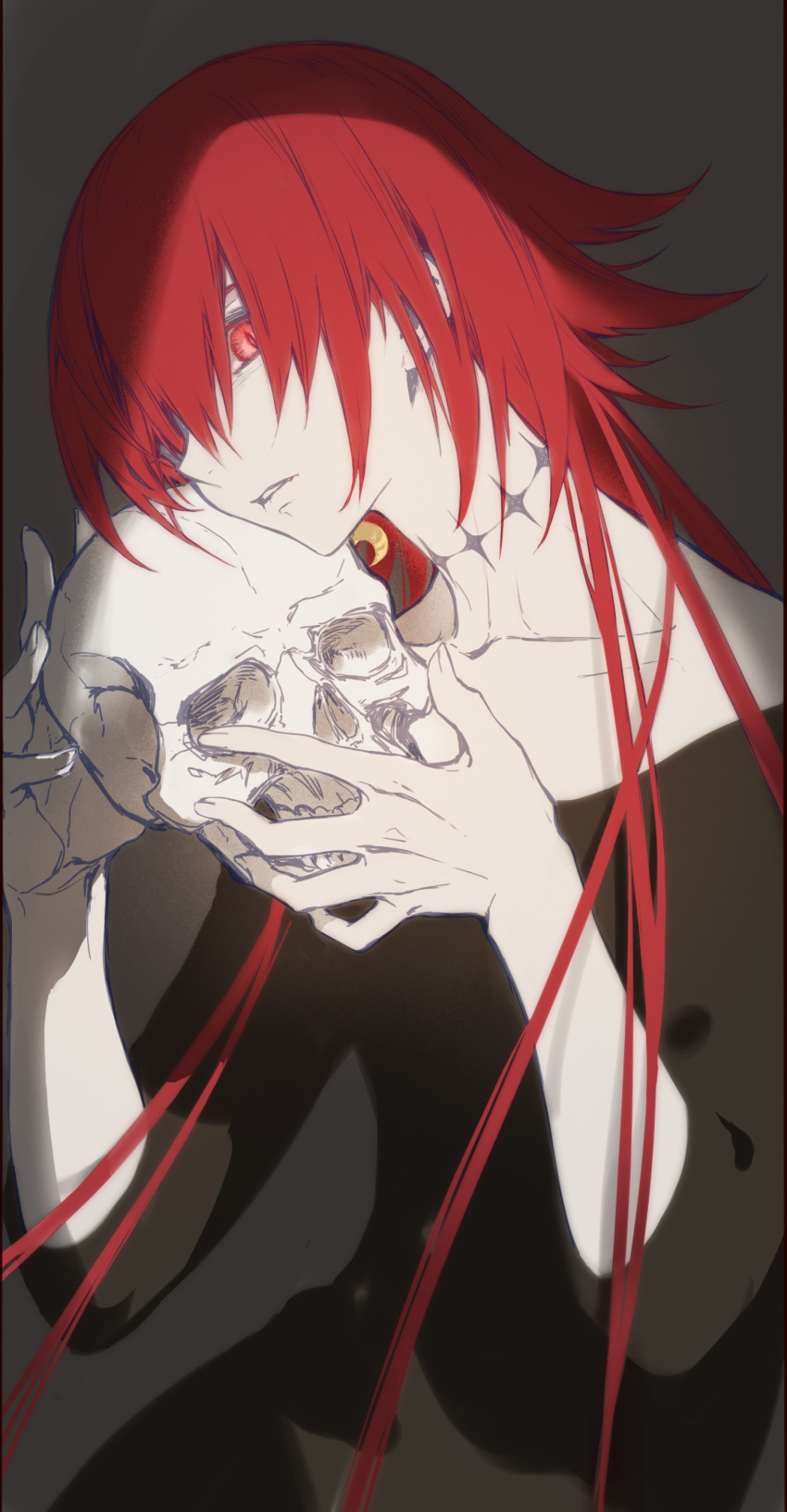 1boy absurdres black_dress collarbone commentary_request crimson_(ragna_crimson) dress earrings grey_background highres holding holding_skull jewelry long_hair looking_at_viewer male_focus neck_tattoo off-shoulder_dress off_shoulder one_eye_covered ragna_crimson red_eyes redhead single_earring skull slit_pupils solo tattoo upper_body very_long_hair victima
