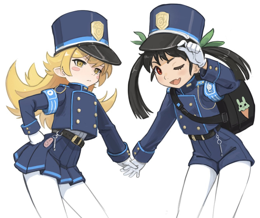 2girls :3 armband belt black_bag black_belt black_hair blonde_hair blue_armband blue_jacket blue_shorts blue_skirt blunt_ends blush_stickers buttons carrot_pin closed_mouth contrapposto cosplay cowboy_shot double-breasted dress_shirt fang flipped_hair gloves hachikuji_mayoi hand_grab hand_on_own_hip hat high-waist_shorts highlander_sidelocks_conductor_(blue_archive) highlander_sidelocks_conductor_(blue_archive)_(cosplay) highlander_twintails_conductor_(blue_archive) highlander_twintails_conductor_(blue_archive)_(cosplay) jacket long_hair long_sleeves looking_at_viewer monogatari_(series) multiple_girls one_eye_closed open_mouth oshino_shinobu pantyhose pantyhose_under_shorts peaked_cap pleated_skirt red_eyes ricman_rt ringed_eyes shirt shorts sidelocks simple_background skin_fang skirt smile standing straight_hair twintails v-shaped_eyebrows very_long_hair white_background white_gloves white_pantyhose white_shirt yellow_eyes