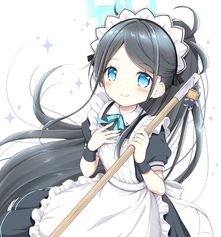 &lt;key&gt;_(robot)_(blue_archive) 1girl apron aris_(blue_archive) aris_(maid)_(blue_archive) black_dress black_hair blue_archive blue_bow blue_eyes blush bow closed_mouth collared_dress commentary_request dress frilled_apron frills halo hands_up highres long_hair looking_at_viewer maid maid_apron maid_headdress nanase_miori parted_bangs ponytail puffy_short_sleeves puffy_sleeves short_sleeves simple_background smile solo sparkle_background very_long_hair white_apron white_background wrist_cuffs