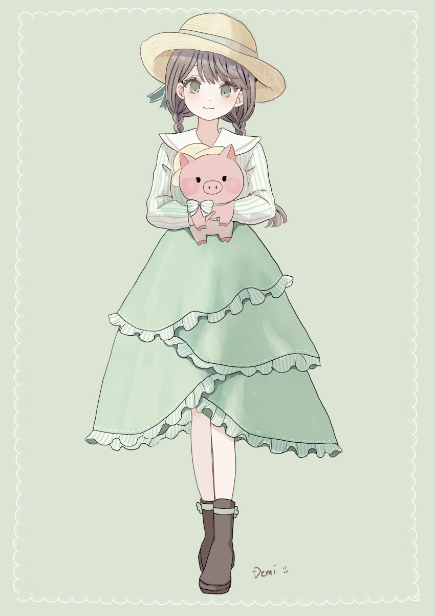 1girl absurdres blush boots braid brown_footwear brown_hair commentary demitsuyuzaki green_background green_eyes green_skirt hat highres holding holding_stuffed_toy layered_skirt light_smile looking_at_viewer medium_hair original shirt signature simple_background skirt solo straw_hat stuffed_animal stuffed_pig stuffed_toy twin_braids white_shirt