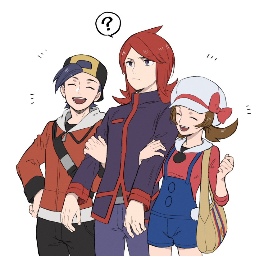 1girl 2boys :d ? black_hair black_hat black_pants blue_overalls bow brown_hair commentary_request cowboy_shot cowlick ethan_(pokemon) hat hat_bow highres jacket long_hair long_sleeves lyra_(pokemon) mocollie multiple_boys open_mouth overalls pants pokemon pokemon_hgss red_jacket redhead shirt short_hair silver_(pokemon) smile spoken_question_mark twintails
