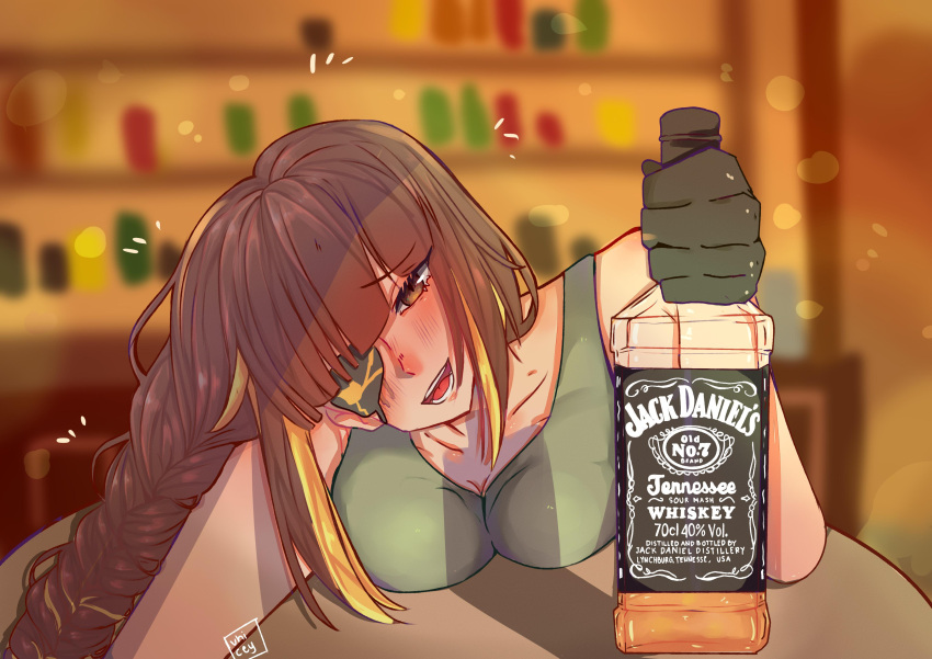 absurdres bad_source black_gloves blush bottle braid brown_eyes brown_hair eyepatch full-face_blush girls_frontline gloves green_shirt highres jack_daniel's long_hair looking_at_viewer m16a1_(girls'_frontline) mole mole_under_eye open_mouth shirt solo source_request table tank_top wine_bottle